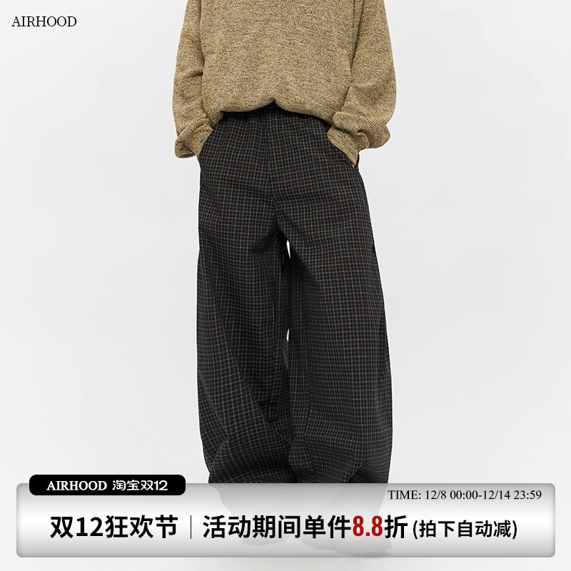 AIRHOOD 美式复古格子加绒加厚弯刀情侣休闲裤秋冬季直筒阔腿裤子