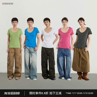AIRHOOD 2026夏季正肩基础款U领短袖T恤女大领口简约休闲纯棉上衣