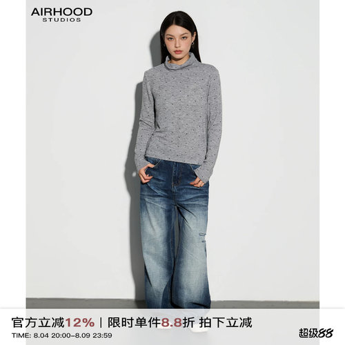 AIRHOOD 波点半高领长袖T恤女韩系修身显瘦堆堆领打底衫内搭上衣