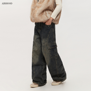 情侣裤 AIRHOOD 男女秋冬宽松直筒口袋工装 高街阔腿牛仔裤 子潮 美式
