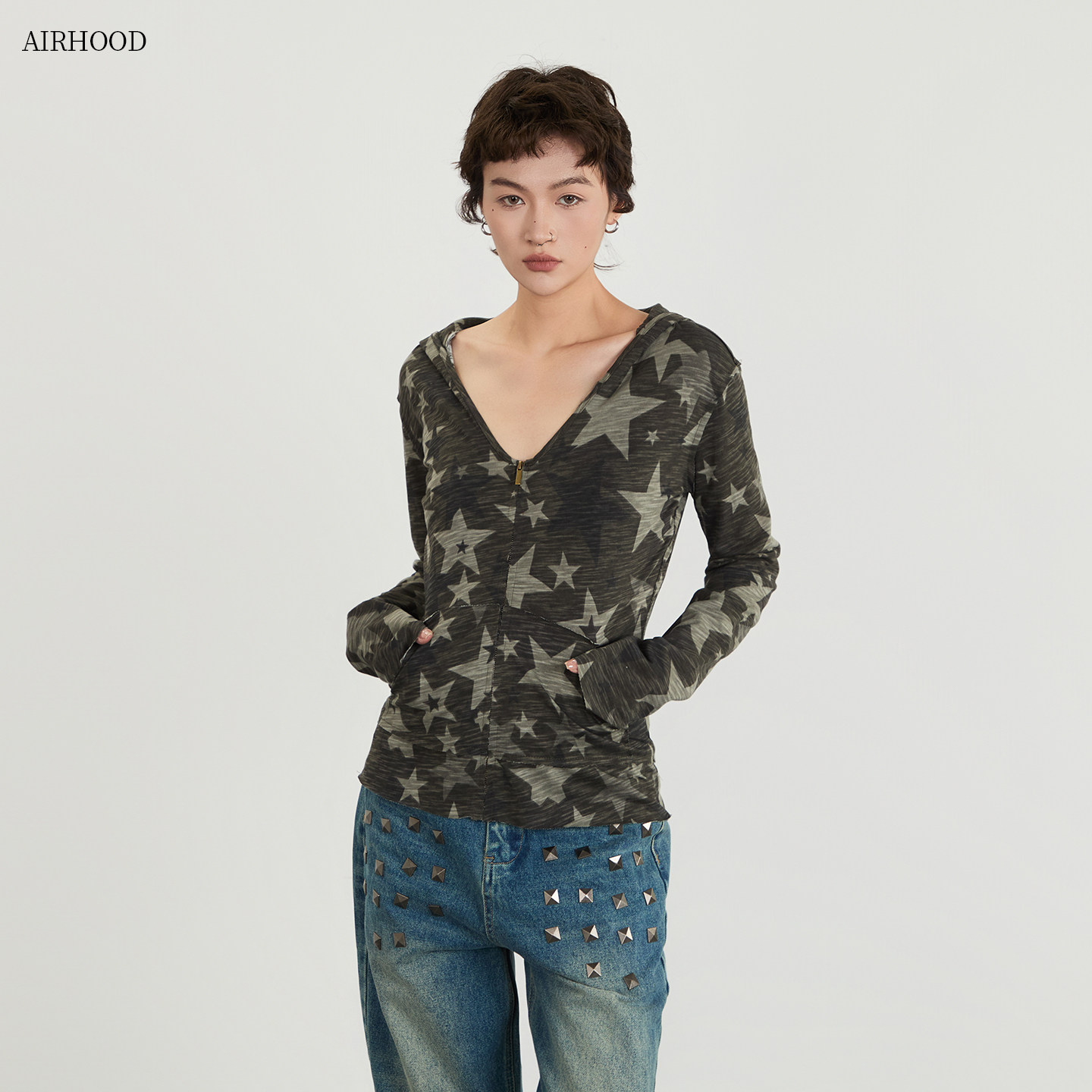 AIRHOOD 美式春夏季迷彩打底连帽长袖t恤女深V领内搭防晒罩衫上衣