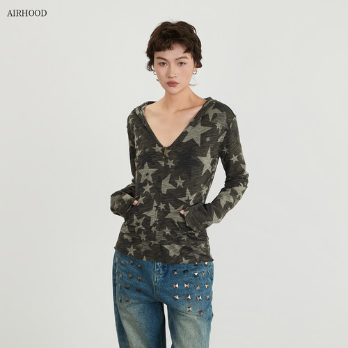 AIRHOOD 美式春夏季迷彩打底连帽长袖t恤女深V领内搭防晒罩衫上衣