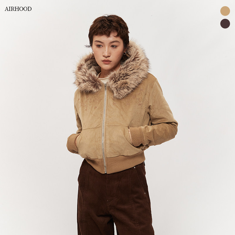 AIRHOOD 2025美式复古毛领夹棉连帽短款棉服女加厚保暖收腰外套冬