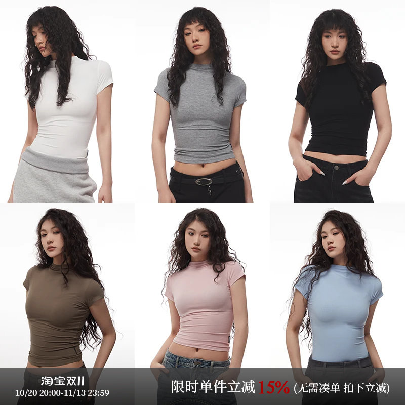 AIRHOOD正肩美式修身显瘦纯色半高领短款上衣辣妹紧身短袖T恤夏季