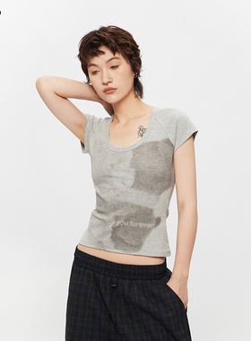 AIRHOOD 2025美式夏季复古小熊印花U领辣妹短袖t恤女短款正肩上衣