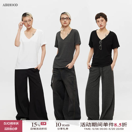 AIRHOOD 2026修身简约V领短袖T恤女大领口半袖显瘦慵懒上衣夏季