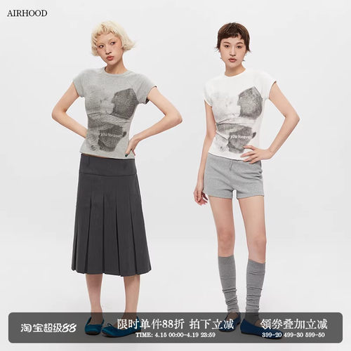 AIRHOOD美式圆领复古正肩短袖T恤女修身印花夏季短款辣妹紧身上衣