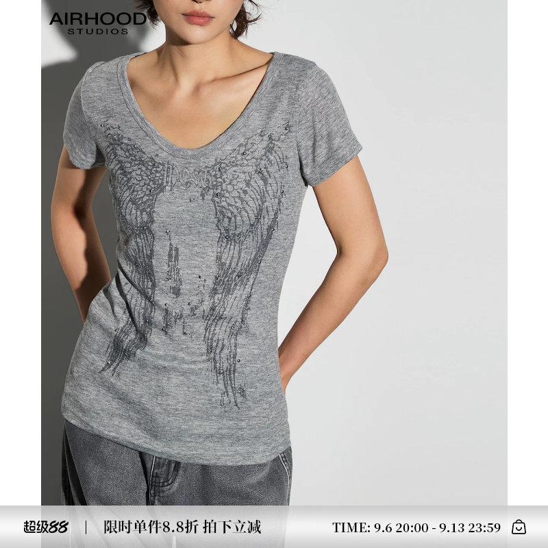 AIRHOOD 千禧辣妹风V领正肩短袖T恤女美式翅膀烫钻修身显瘦上衣夏图片