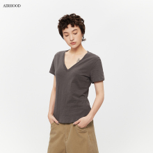 AIRHOOD 夏季修身简约V领短袖T恤女百搭纯色半袖显瘦辣妹正肩上衣