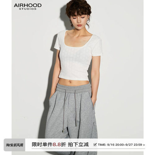 AIRHOOD 前后两穿极简方领短袖T恤女白色露背短款正肩辣妹风上衣