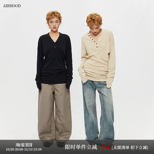 AIRHOOD 2025秋季美式皱褶设计V领长袖T恤女修身休闲内搭打底上衣
