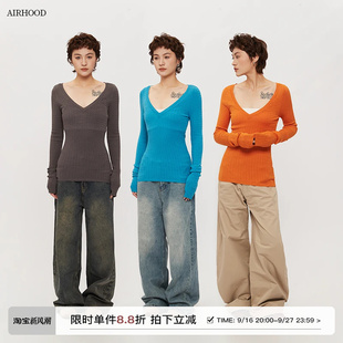 AIRHOOD纯色深V领长袖针织衫女2025秋冬修身显瘦辣妹内搭打底上衣