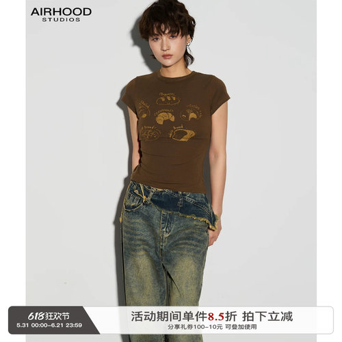 AIRHOOD 美式复古卡通印花短袖T恤女正肩短款修身显瘦辣妹上衣潮