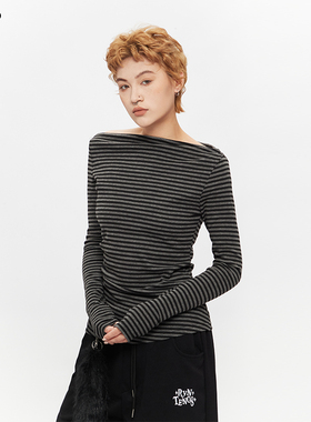 AIRHOOD美式条纹一字肩长袖T恤女2025春秋季新款露肩修身辣妹上衣