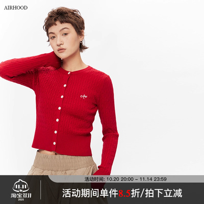 AIRHOOD 红色秋冬季短款修身长袖针织女百搭圆领开衫内搭打底上衣