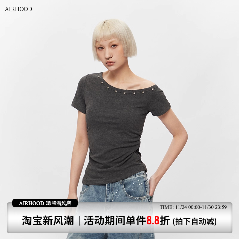AIRHOOD 辣妹斜领露肩设计感短袖t恤女ins25夏季修身显瘦短款上衣