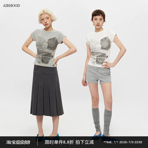 AIRHOOD美式圆领复古正肩短袖T恤女修身印花夏季短款辣妹紧身上衣