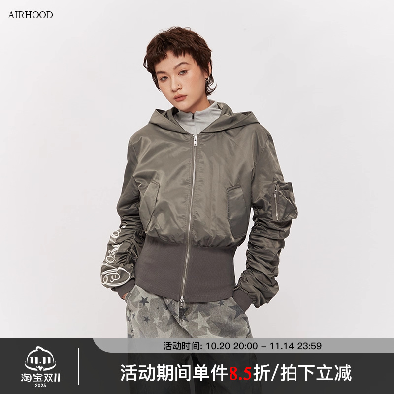 AIRHOOD 秋冬季2025飞行员夹克女美式复古收腰街头连帽开衫短外套