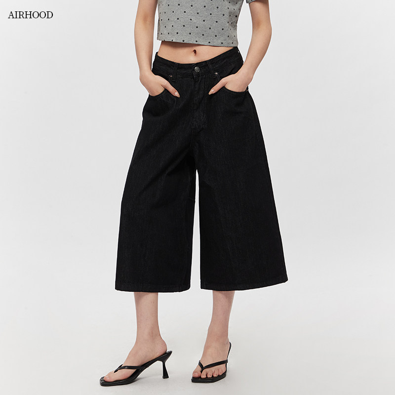 AIRHOOD 2026美式夏款高街阔腿裤女垂感宽松七分牛仔裤情侣短裤子图片