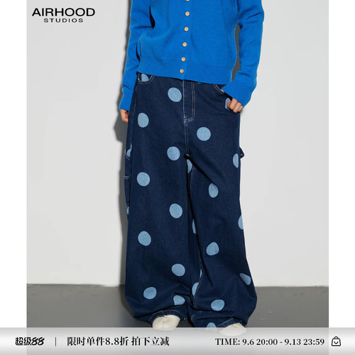 AIRHOOD 高腰波点牛仔裤女秋季宽松直筒长裤深蓝色显瘦百搭阔腿裤