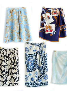 日本vintage古着复古春夏巴洛克链条花朵印花雪纺半身裙短裙孤品