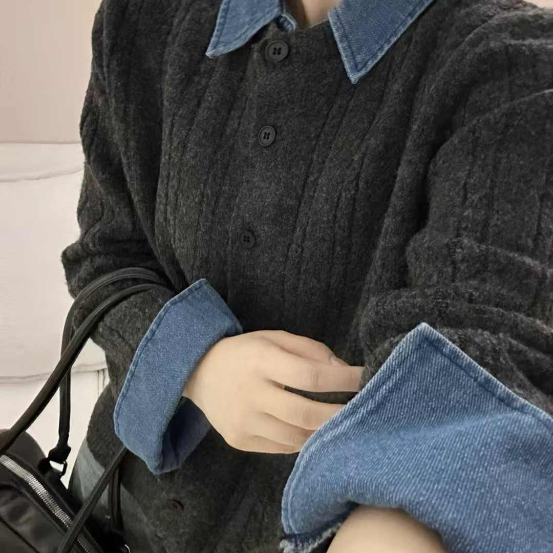 假两件牛仔翻领针织毛衣女羊毛衫#