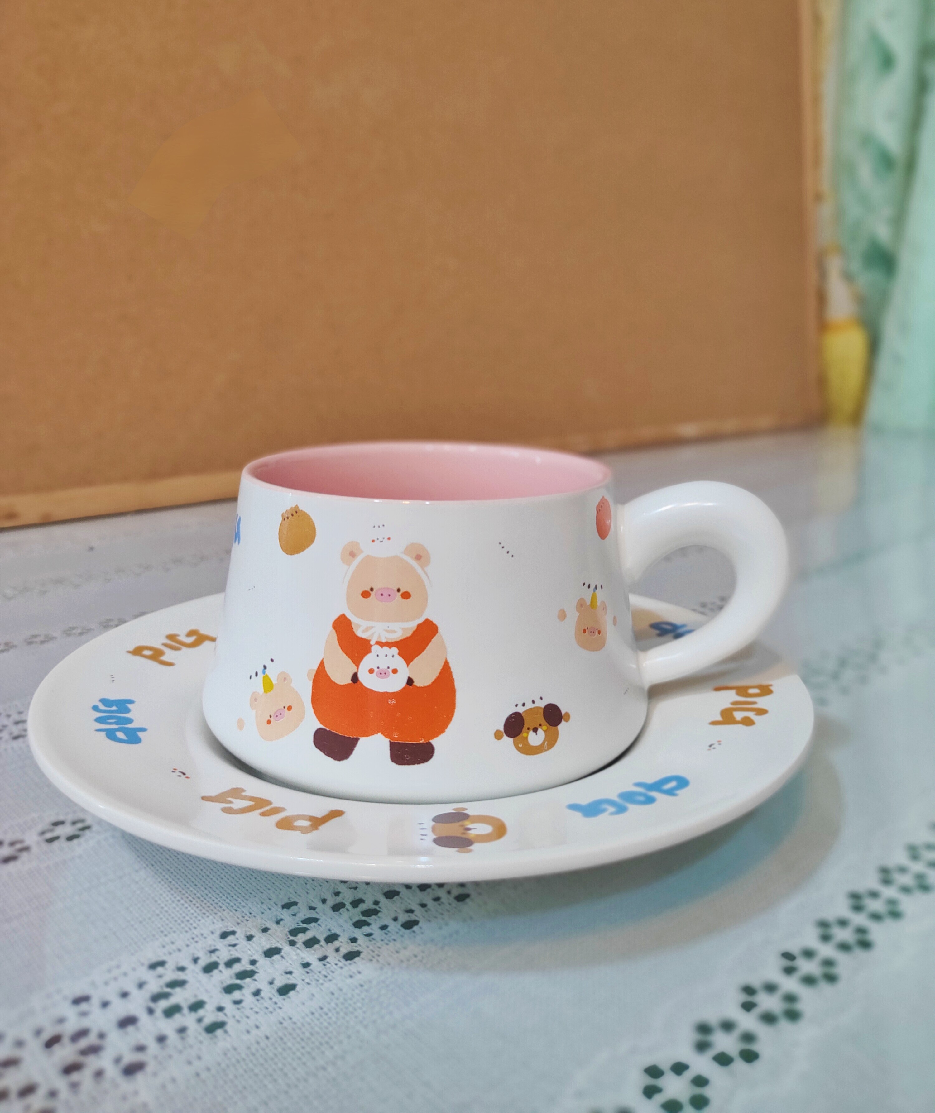 可爱ins风小狗猪猪咖啡杯碟奶油系手绘插画陶瓷套杯