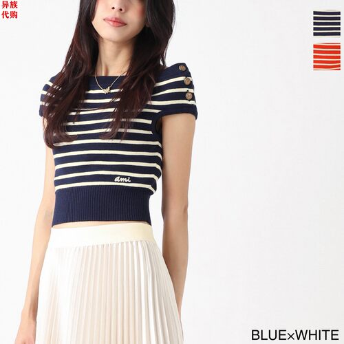 异族日本代购 法国 AMI 2024夏女全羊毛一字肩显瘦无袖针织衫毛衣