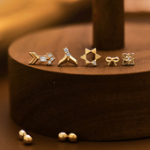 韩国时尚 10K黄金耳钉女 六芒星箭头螺纹耳饰通体K金养耳洞单只