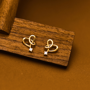 韩国时尚10K黄金耳钉女 气质百搭小清新交叉镶钻爱心K金耳饰潮女