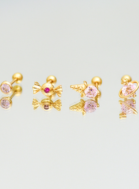 韩国10K黄金耳钉女 糖果冰淇淋螺纹螺丝耳饰通体K金养耳洞单只