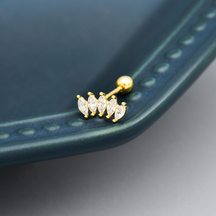 韩国流行10K黄金耳钉女 镶钻弧形螺纹耳饰通体K金睡觉不用摘单只