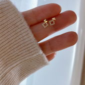 韩国流行10K 几何镶钻方形彩金耳饰 潮时尚 14K黄金耳钉女 2025新款