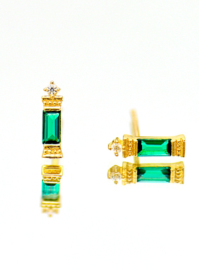 韩国时尚10K黄金耳钉女 精致百搭ins镶钻绿色一字蜡烛设计耳饰