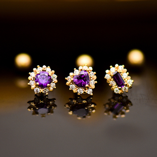 韩国时尚10K黄金耳钉女 镶钻爱心螺纹耳饰通体K金睡觉不用摘单只