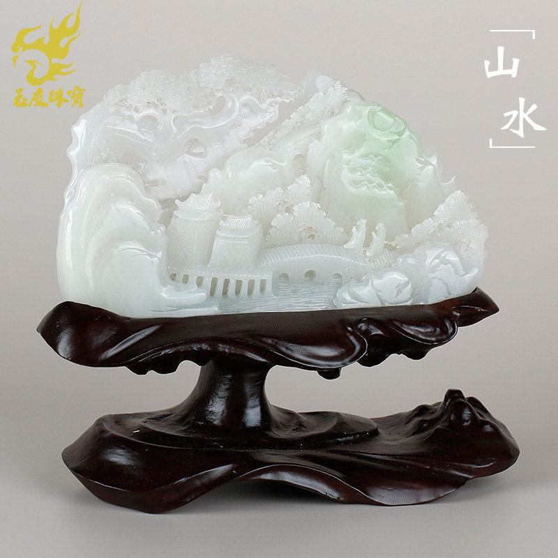 和田玉山水摆件翠青冰白