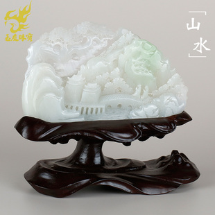 玉友和田玉山水摆件翠青冰白风景意境富贵家居山子玉石摆件附证书