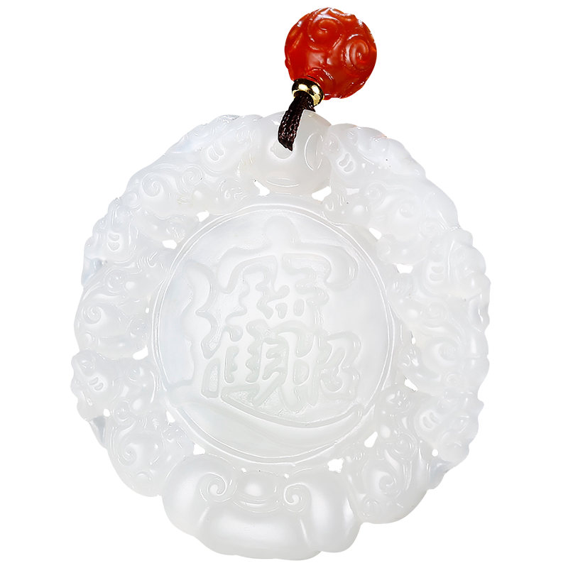玉友和田玉羊脂白圆牌貔貅吊坠