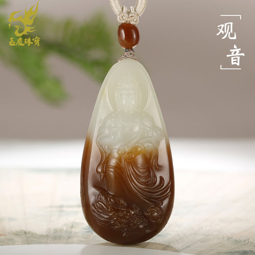 和田玉观音吊坠男款玉坠糖白