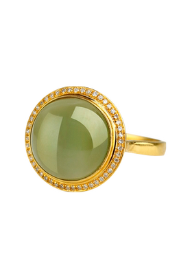 玉友和田玉8K金钻镶碧玉猫眼戒指