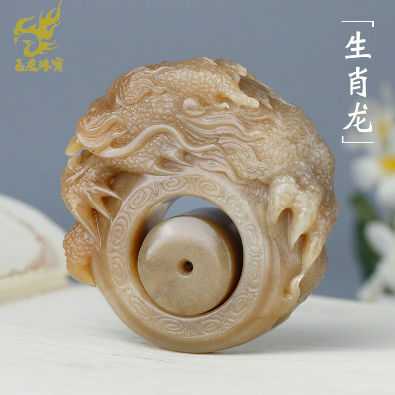 玉友和田玉糖玉生肖龙扳指男士款龙行天下玉石玉器戒指孤品附证书