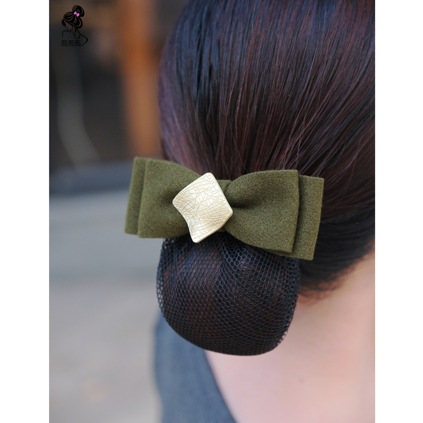 亚金立体方块毛呢蝴蝶结发网兜女银行空乘头花发兜职业发饰