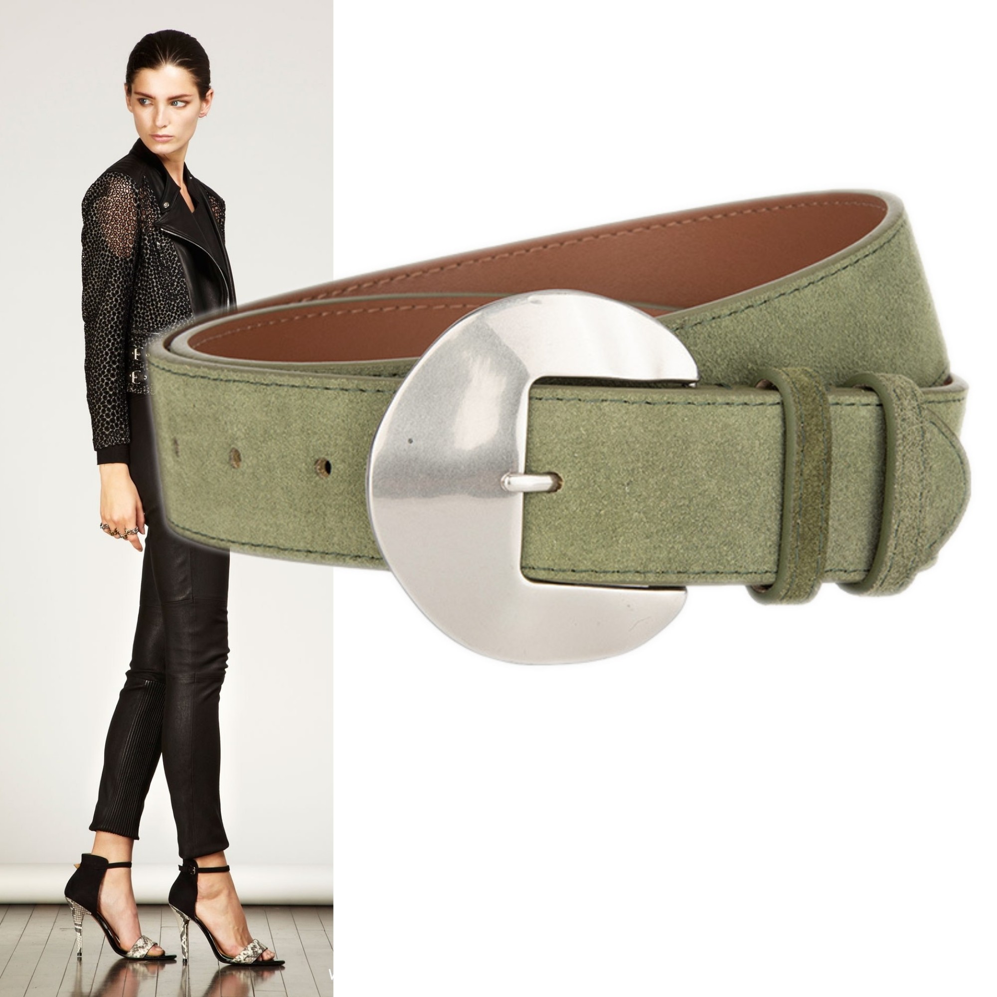 军绿色夸张圆扣磨砂牛皮装饰腰带3.8厘米女牛仔裤连衣裙配饰皮带