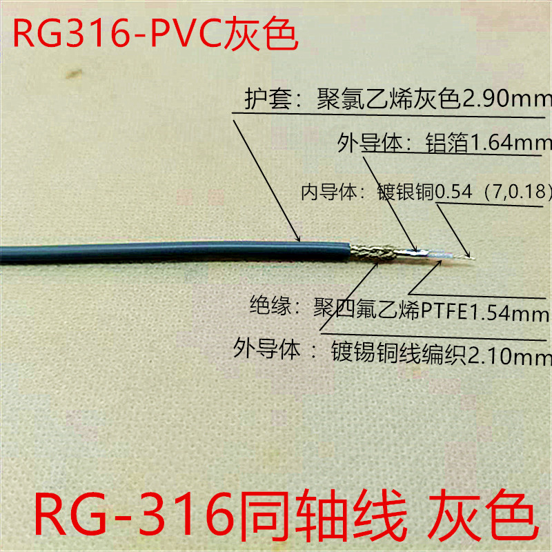 灰色RG316镀银线 耐高温 高频线射频同轴电缆50-1.5 50欧灰色馈线