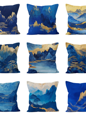 中式千里江山图山水抱枕中国风国潮轻奢靠垫护腰沙发客厅座椅靠背