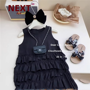 nextzyu官方正品女童黑色连衣裙夏季赫本风背心蛋糕裙宝宝公主裙