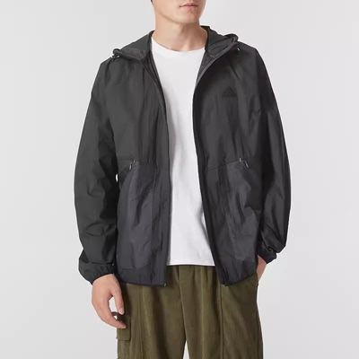阿迪达斯黑色梭织夹克男子2024秋季新款宽松运动服跑步外套JI8658