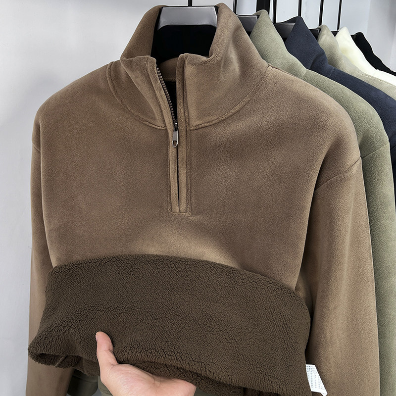 2025冬季半拉链加绒保暖抓绒卫衣男新款巨厚奥利绒休闲纯色上衣