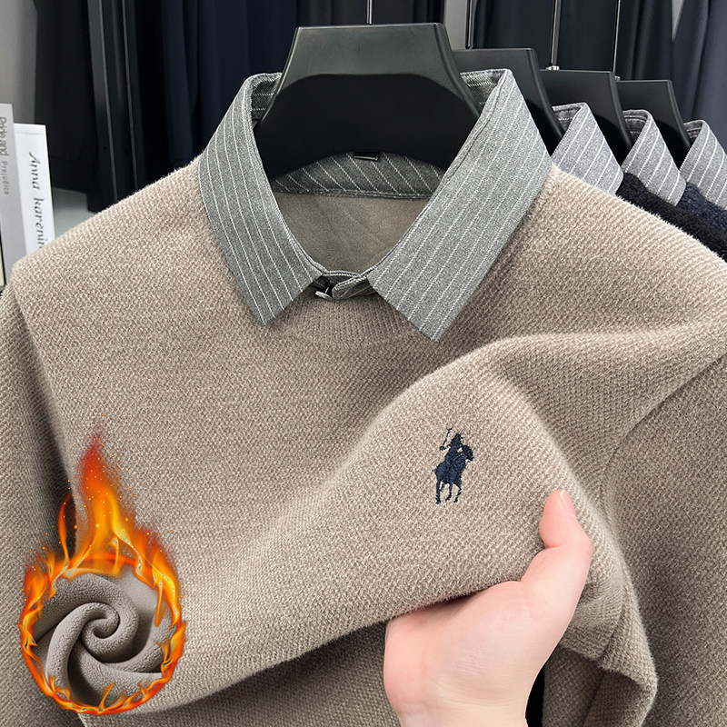 一体绒高端衬衫领加绒加厚男士假两件毛衣保暖套头针织打底衫冬天