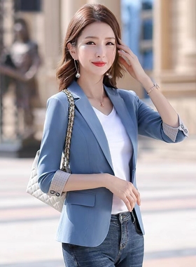 蓝色休闲西装女外套2025新款秋修身短款七分袖气质今年流行小西服